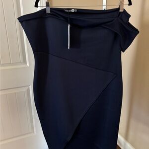 navy blue boohoo bandeau wrap midi dress plus size